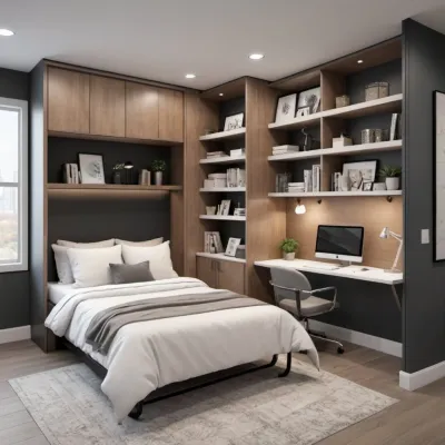 Home office with a murphy bed or wall bed, built-in shelving, built-in cabinets, a desk with computer and soft lighting.