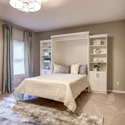 Bedroom with a murphy bed or wall bed, built-in cabinets and built-in shelves with a modern decor.