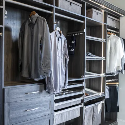 a closet with clothes