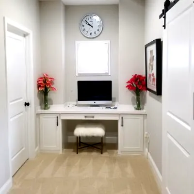 a white custom designed desk with cabinets