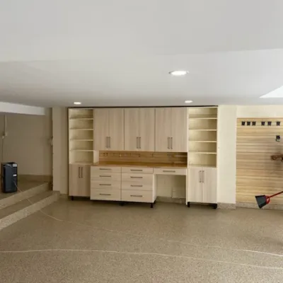 a room with white cabinets