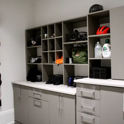 a kitchen with white cabinets