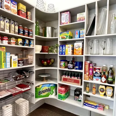 Organized kitchen pantry shelves stocked with canned goods, snacks, beverages, Bounty paper towels and glass pitchers