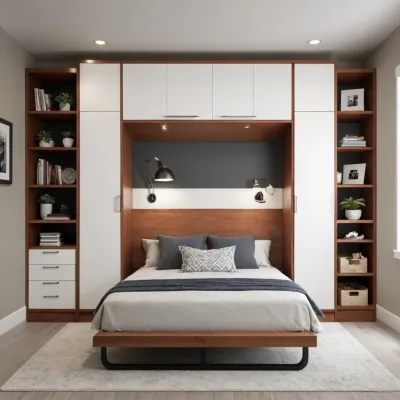 Guest room with murphy bed or wall bed, white and wooden built-in shelves, a nightstand and built-in cabinets framing the murphy bed with decorative pillows.