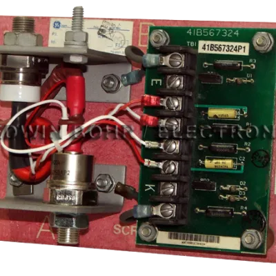 Electronic circuit board with resistors, wires, and connectors mounted on a red base plate with labeled points.