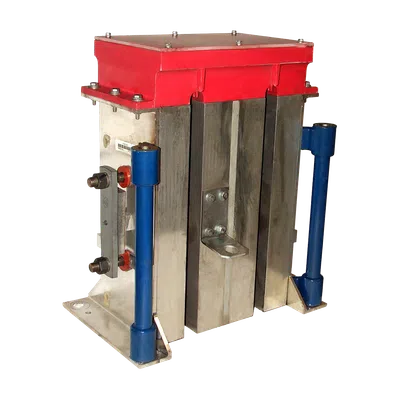 Industrial electrical transformer with red top, blue supports, and metallic core components isolated on white background.