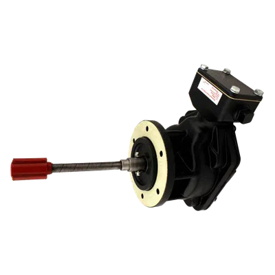 Industrial black mechanical actuator with a red handle and flange mounting base isolated on white background