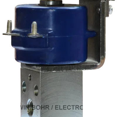 Industrial solenoid valve with blue coil and metallic block base with mounting bracket and screws