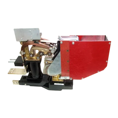 Industrial electrical contactor with copper terminals and a red protective cover on a white background