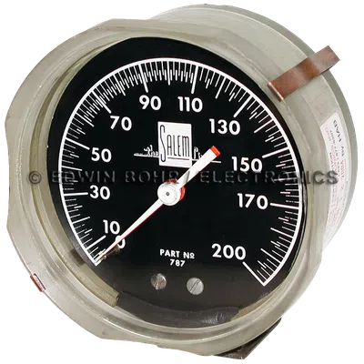 Analog pressure gauge with black face, white markings, and needle pointing near 150 marked Salem and Part No 787.
