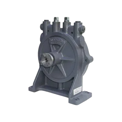 Industrial gray metal rotary pump with mounting base and multiple inlet ports isolated on white background