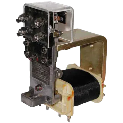 Industrial electrical relay with metal bracket and multiple screw terminals isolated on white background
