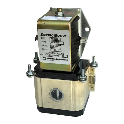 Electro-Motive electrical component with metal casing, coil labeled 74 DC volts and contact rating of 35 amps.