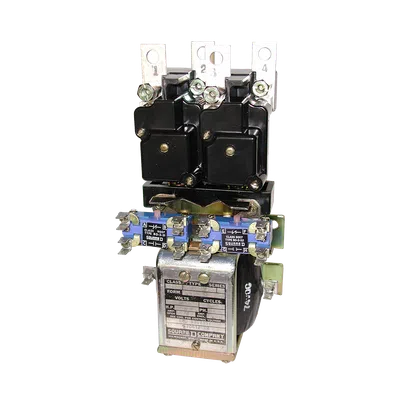 Square D Company electrical relay with black and silver components and multiple terminals for connections.