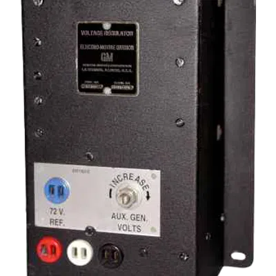 Black voltage regulator box with labeled switches and multicolored electrical connectors for voltage control.