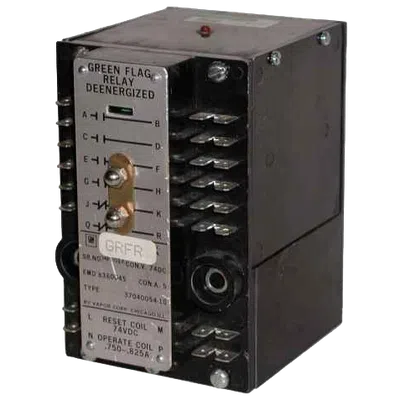 Black industrial electrical relay with multiple metal terminals and labeled front panel showing specifications.