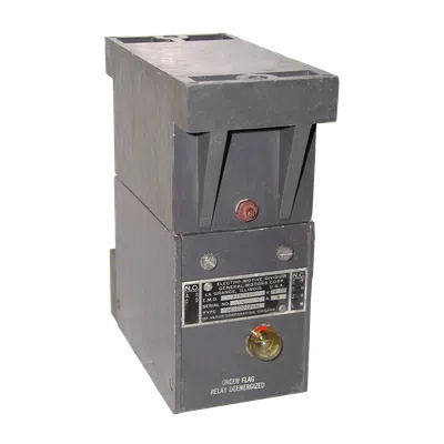 Industrial electrical relay component with metal casing and identification label from General Motors.