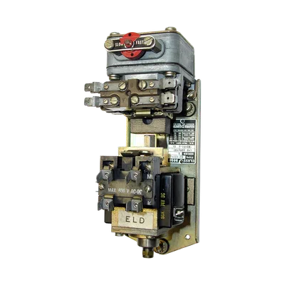 Industrial electrical relay component with labeled connections and slow-fast adjustment dial isolated on white.