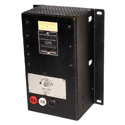 Black vintage voltage regulator box with dial, indicator lights, and metal vented top panel.