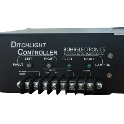 Bohrelectronics Ditchlight Controller with LED indicators and terminal connectors for rail industry applications.