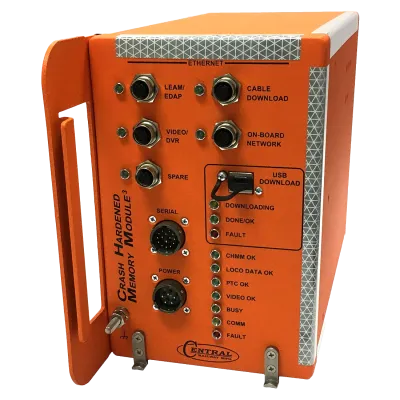 Orange crash hardened memory module with multiple Ethernet ports and LED indicators for status and data.