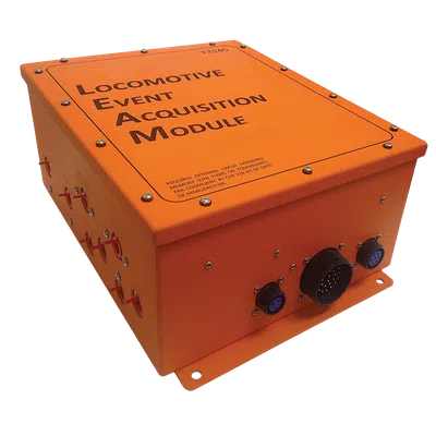Orange Locomotive Event Acquisition Module device with connectors and bolts on its metal casing.
