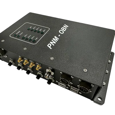 Black PNM-OBN electronic device with multiple ports and indicator lights on top and sides isolated on black background