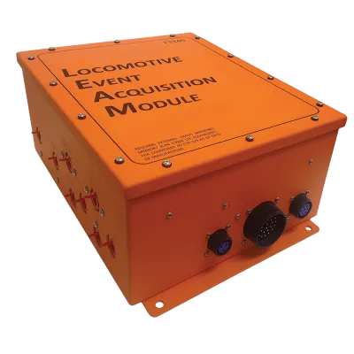 Orange Locomotive Event Acquisition Module with multiple connectors and metal screws on a rectangular box.