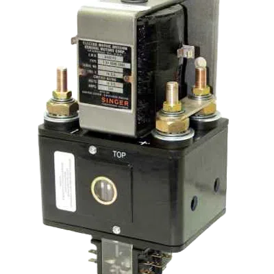 Industrial electrical relay switch with metal terminals and a black plastic housing isolated on white background