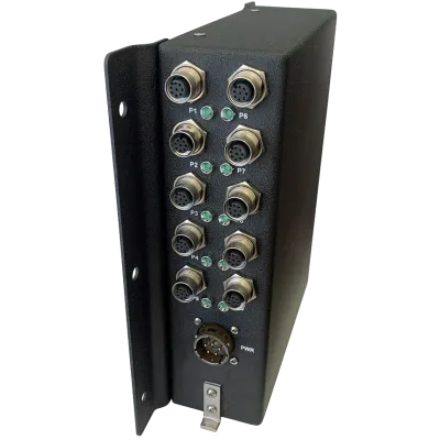 Black industrial electronic device with multiple circular connectors and indicator lights on front panel