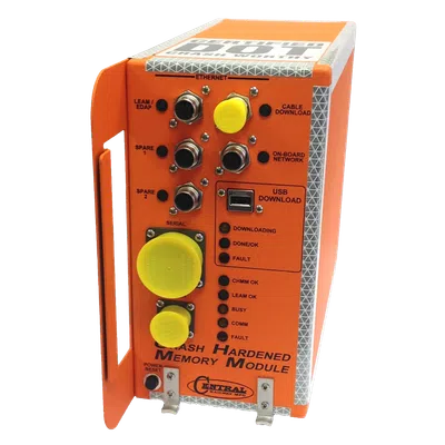 Orange crash hardened memory module with Ethernet, serial, and USB ports and multiple indicator lights