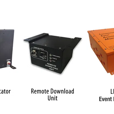 Three industrial electronic devices labeled Speed Indicator, Remote Download Unit, and LEAR Event Recorder with overlaid text.