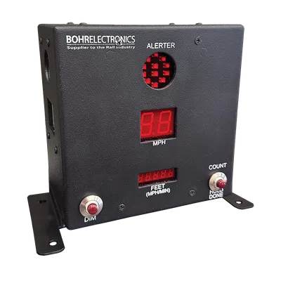 Black Bohrelectronics alerter device with red LED displays showing speed and distance, buttons for dim and count.