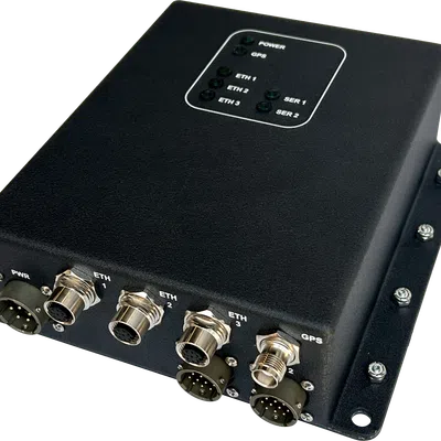 Black industrial network device with multiple Ethernet and GPS connectors and indicator lights on top panel