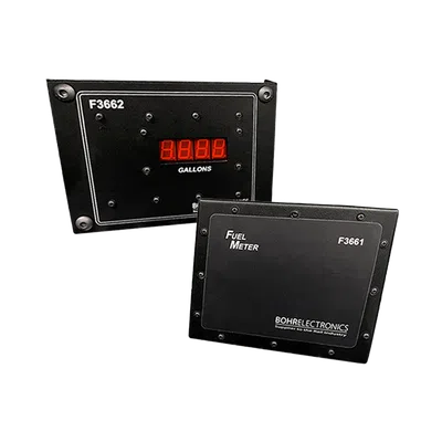 Two black electronic fuel meter devices with digital display showing gallons and model numbers F3661 and F3662.