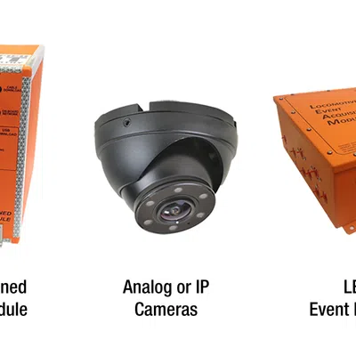 Crash hardened memory module, black dome security camera, and orange LEAM event recorder shown on white background.