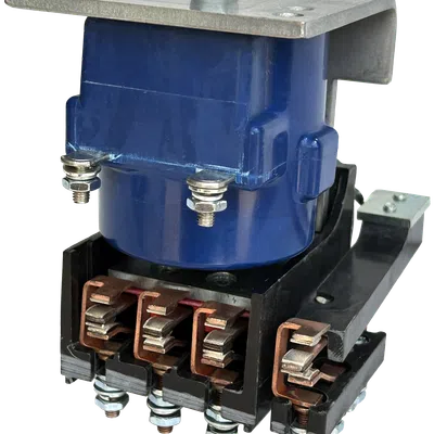 Industrial blue electrical contactor with copper connectors and metal mounting plate isolated on white background