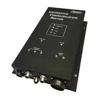 Black locomotive communication router device with multiple connectors and indicator lights with overlaid text.