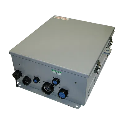 Gray metal industrial control box with multiple blue and black circular connectors on one side.