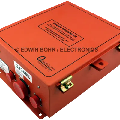 Orange Quantum Engineering event recorder device with connectors and metal latches on a white background.