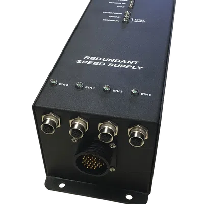 Black redundant speed supply unit with multiple Ethernet ports and indicator LEDs for power and network status.