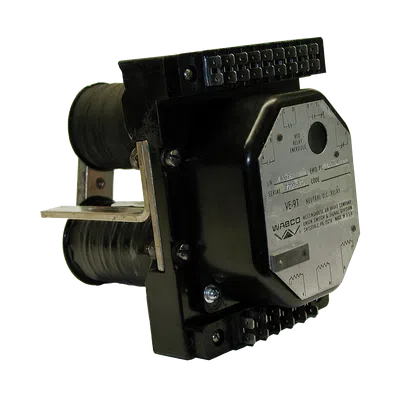 WABCO VE-97 neutral DC relay with black coils and metal mounting bracket isolated on black background