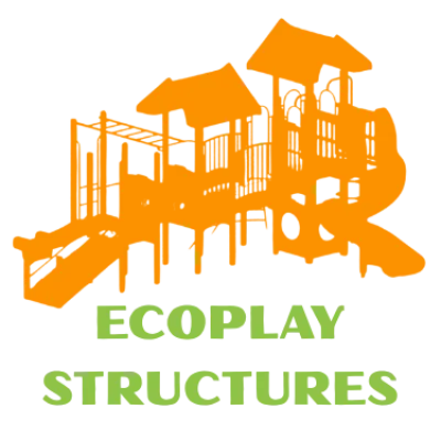 Orange playground climbing structure with slides and bridges with green text Ecoplay Structures below