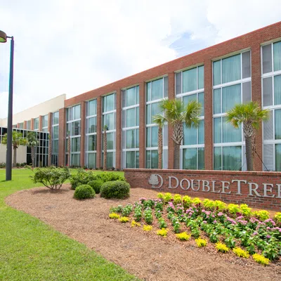 DoubleTree by Hilton hotel exterior with brick facade, palm trees, and landscaped flowerbed on a sunny day.