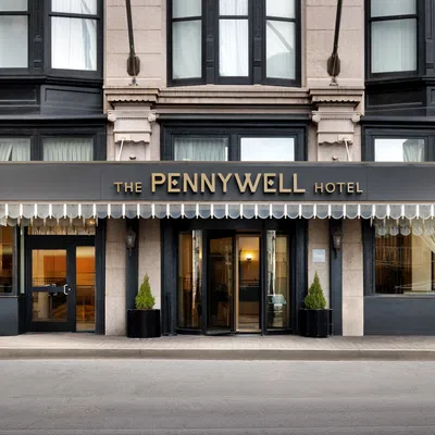 Elegant exterior of The Pennywell Hotel with large windows, black and beige facade, and a central revolving door.