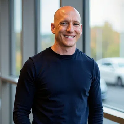 Smiling bald man in navy sweater standing indoors near large windows with blurred cars outside