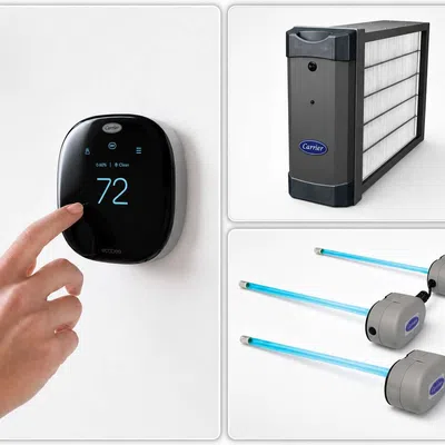 Hand adjusting smart thermostat, air filter, and UV light air purifiers for home HVAC system