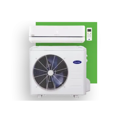Carrier white split air conditioner unit with remote control displayed on a green background.