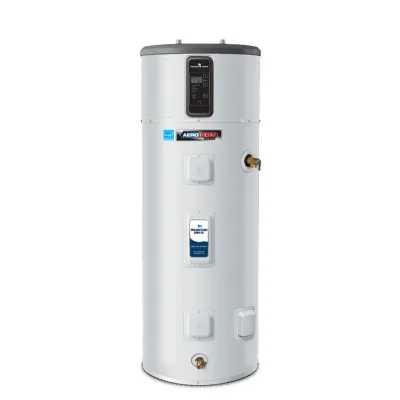 A modern electric water heater with a sleek white design and digital display panel.
