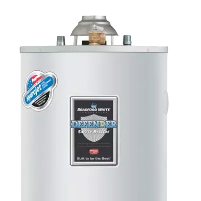 Bradford White Defender water heater with safety system features and Hydrojet technology.